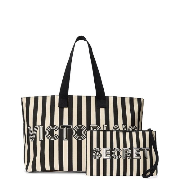 Victoria's Secret Handbags - Victoria's Secret Stripe Tote Bag & Matching Wristlet Pouch Set